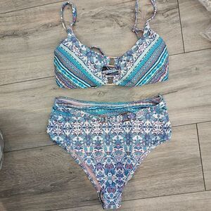 Nanette Lepore Women's Blue gold tone Bralette bikini Top high waisted bikini 4